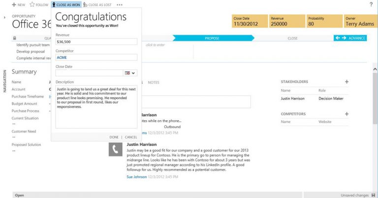 New UI in Microsoft Dynamics CRM showing lead closing