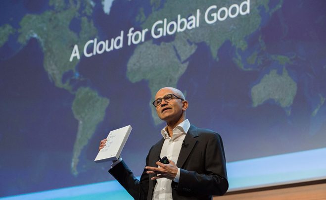 Photo of Microsoft CEO Satya Nadella, speaking to 2000 business leaders, developers and entrepreneurs in Dublin, Ireland, on Oct. 3, 2016