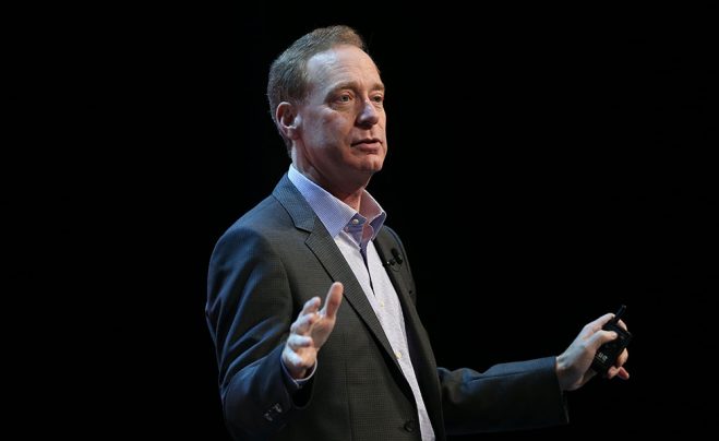 Photo of Microsoft President Brad Smith, speaking to 2000 business leaders, developers and entrepreneurs in Dublin, Ireland, on Oct. 3, 2016