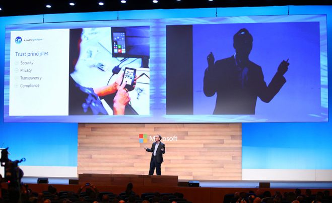 Photo of Microsoft President Brad Smith, speaking to 2000 business leaders, developers and entrepreneurs in Dublin, Ireland, on Oct. 3, 2016