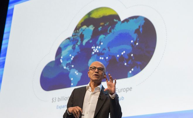 Photo of Microsoft CEO Satya Nadella, speaking to 2000 business leaders, developers and entrepreneurs in Dublin, Ireland, on Oct. 3, 2016