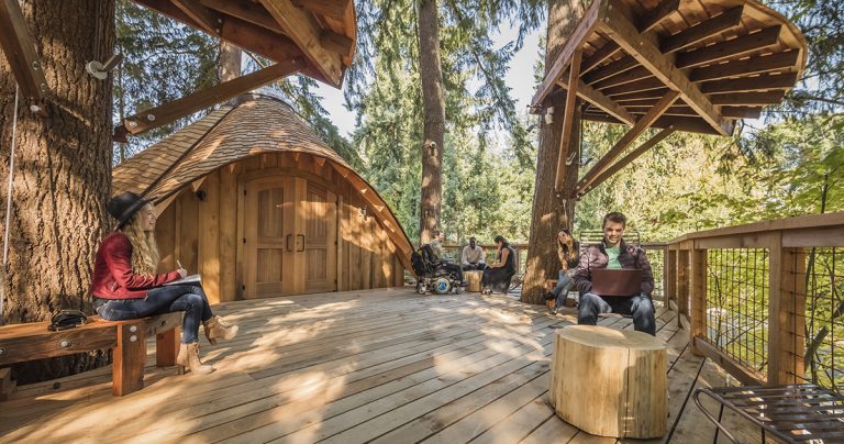 Microsoft employees working in outdoor treehouse meeting space