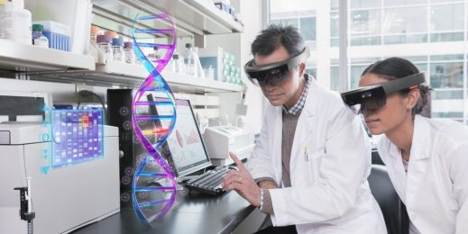 Doctors wearing mixed reality headsets in a lab