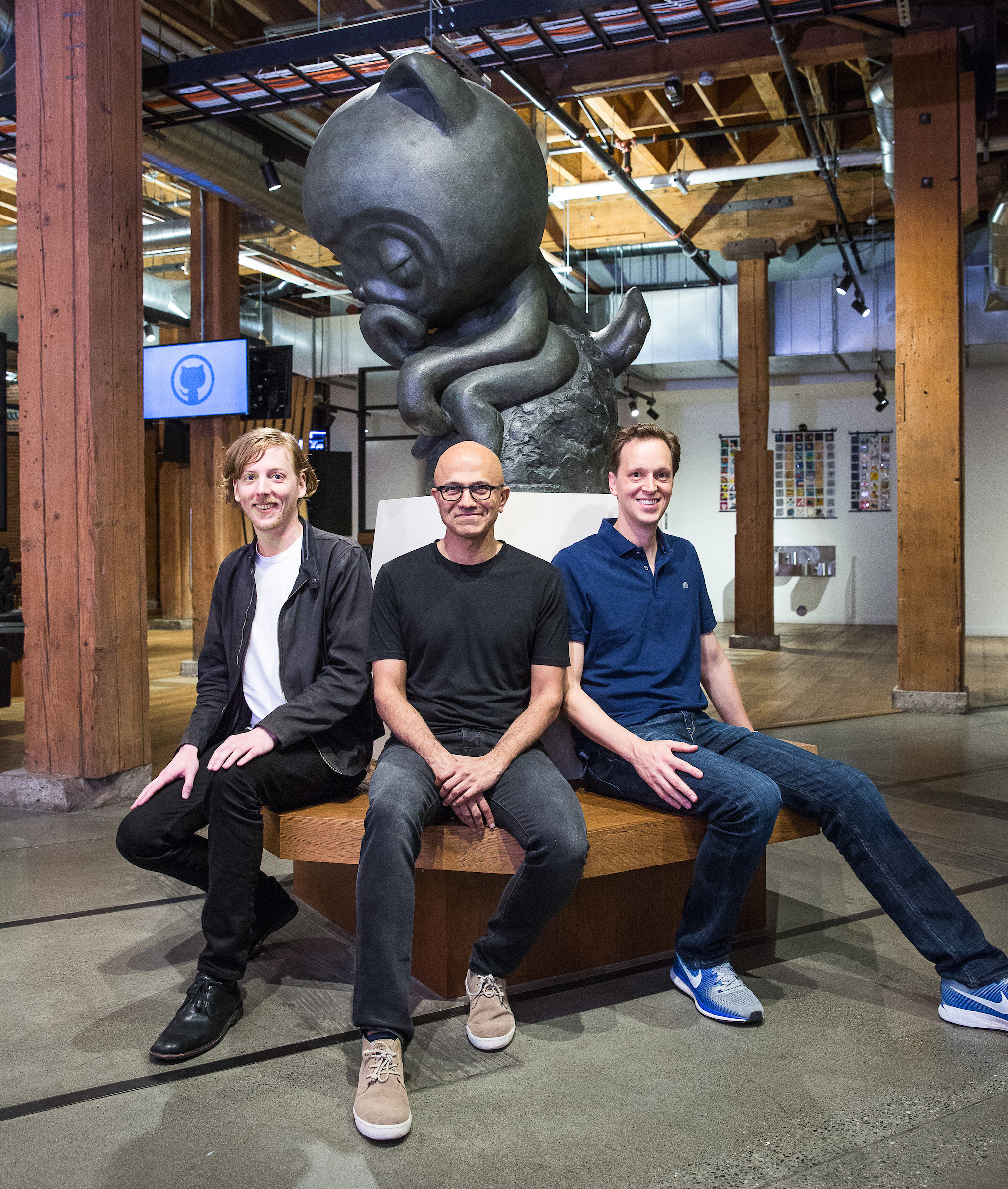 Chris Wanstrath, Satya Nadella and Nat Friedman