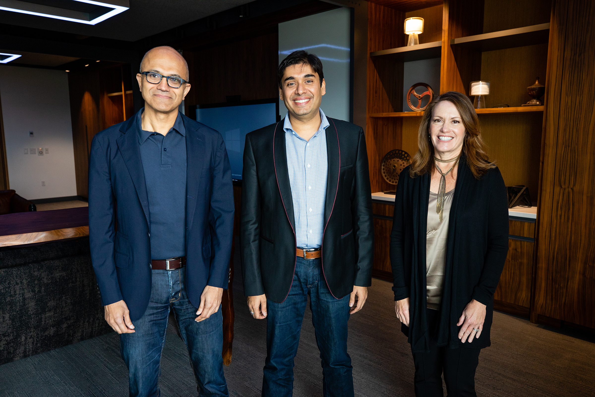 Picture of Satya Nadella, Naveen Tewari and Peggy Johnson 