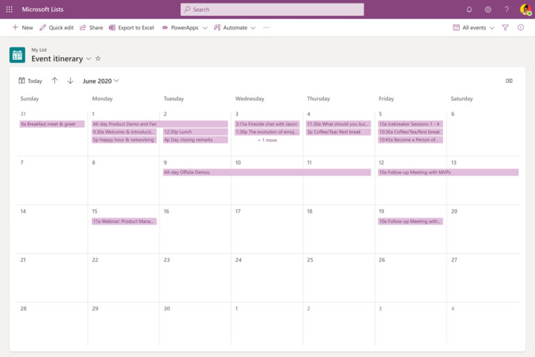 Microsoft Lists: Event itinerary template in calendar view