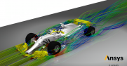 Racing car overlaid with graphics showing the car's effect on air it is passing through