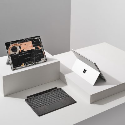 Surface Pro 8 with case open to show exposed internal components