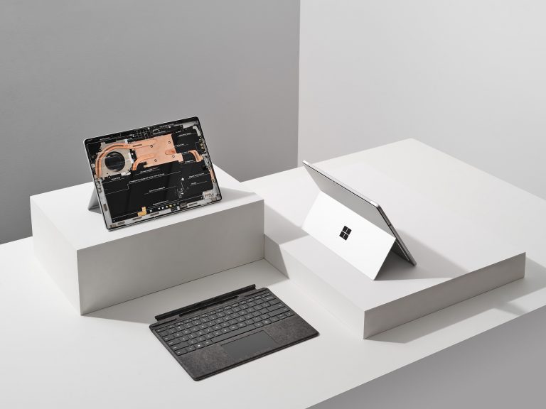 Surface Pro 8 with case open to show exposed internal components