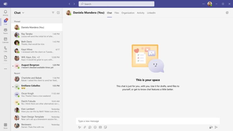 Chat with Self user interface in Microsoft Teams