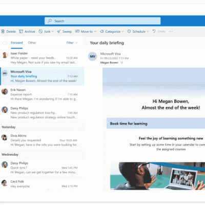 Outlook window with briefing email scrolling and clicking on buttons to book time for learning, confirming topics, booking meeting recap time, and booking time to take a break