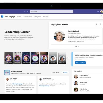 Teams window with Leadership Corner homepage on a tablet showing highlighted leaders, stories, campaigns, and Ask Me Anything