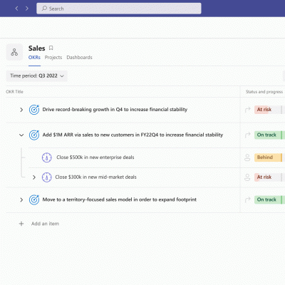 Teams window showing a user connecting an objective in Viva Goals to Power BI