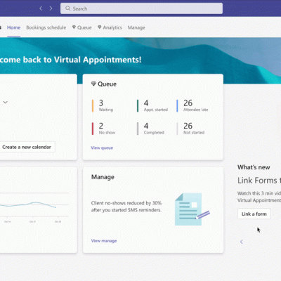 Gif shows appointment scheduling, queue viewing, and analytics in Teams