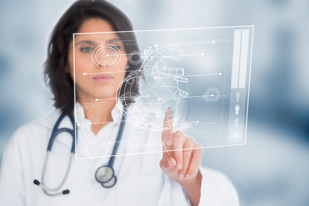 A medical doctor analysing patient data on a holographic device.