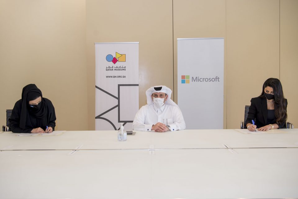 A picture of spokespersons from Microsoft and Qatar Museums during signing the agreement