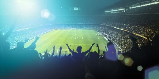 A stadium full of people watching a football match with people standing and cheering in the foreground.