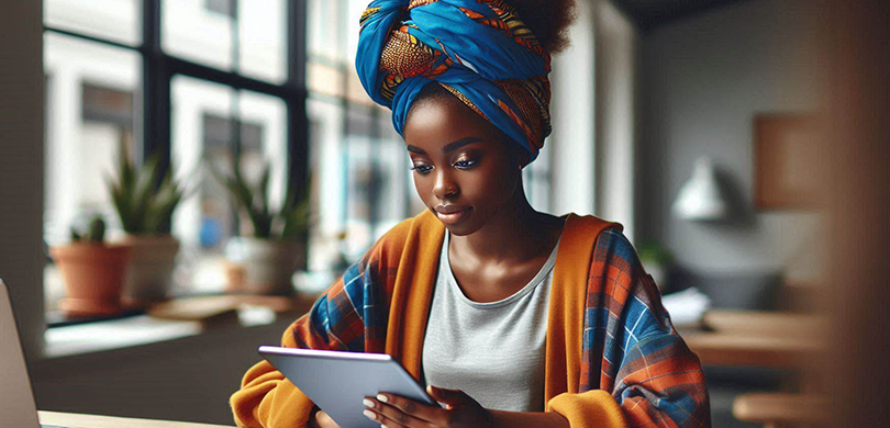 AI-generated image of a young African entrepreneur sitting at her desk working on a tablet and laptop.