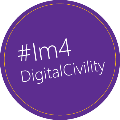 Image of round purple sticker that reads I'm for digital civility