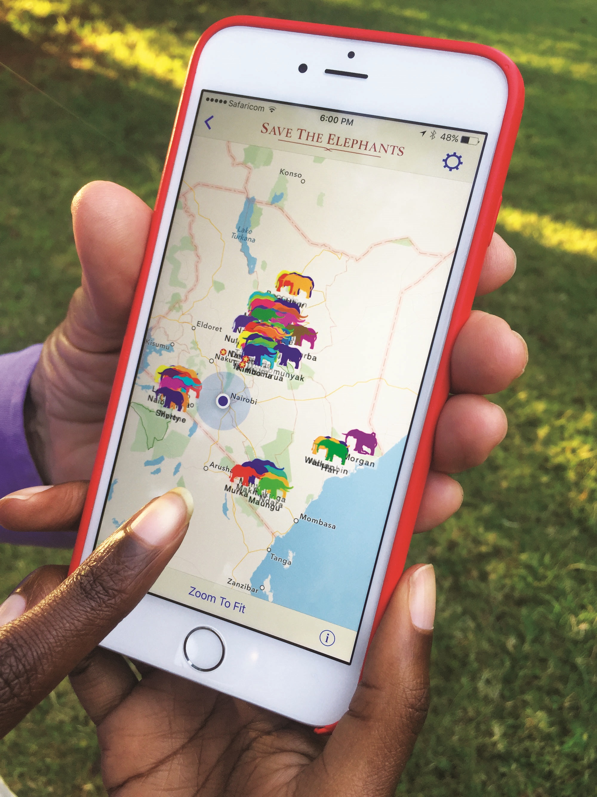 Photo of mobile phone with a screenshot of elephants on a map of eastern Africa