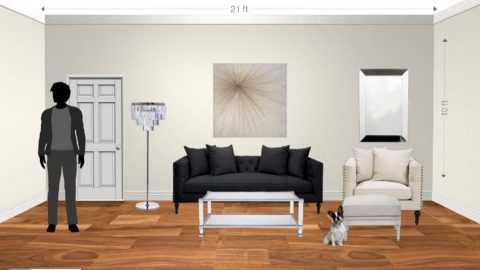 Screenshot of Tangiblee tool on the Z Gallerie website. Image shows a living room mockup with a softa, table, lamp, wall art, door, person and bulldog.