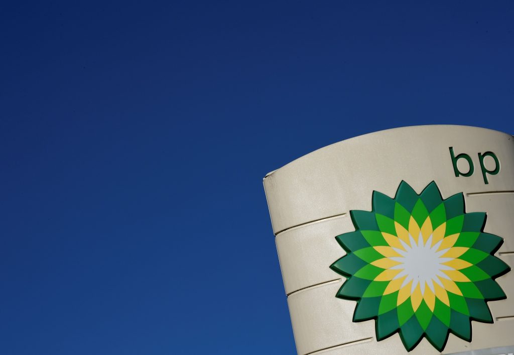 The logo of BP plc is seen at a BP petrol station in Liverpool on February 7, 2018.