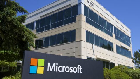 A sign and building on the Microsoft campus in Redmond, Washington.