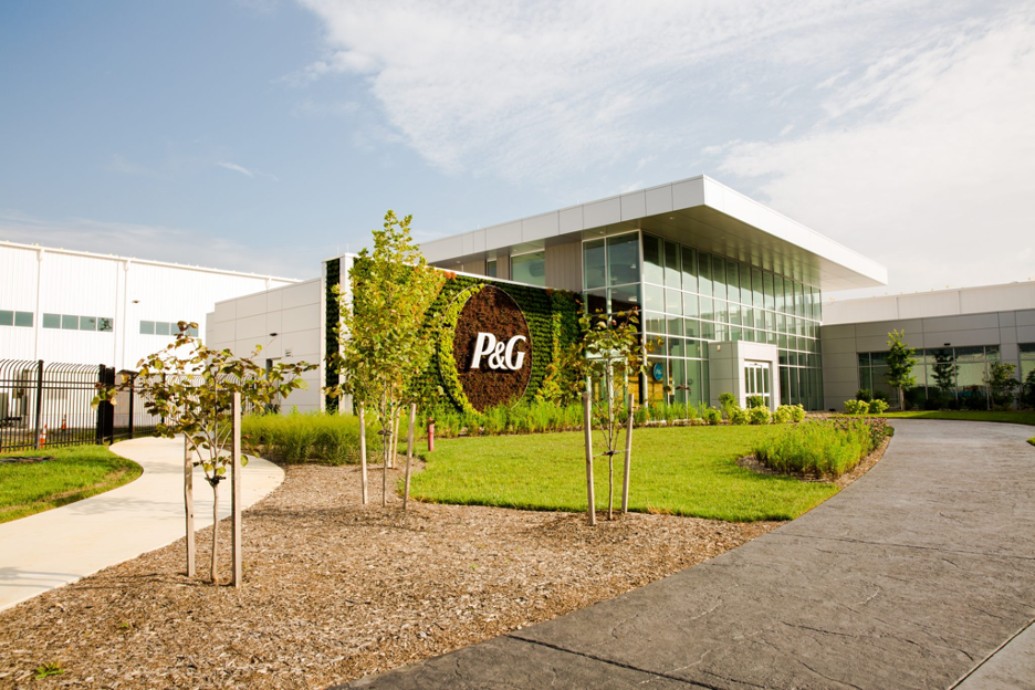 The grounds and external entry at a P&G plant in West Virginia that was built to follow sustainable practices. 