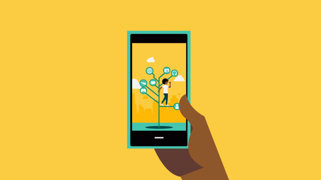 An illustration of a phone with tree branches growing out of it to illustrate social networks