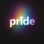 The word "pride" written in white with a rainbow effect around it.