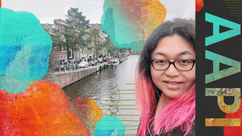 A woman with pink hair and glasses standing in front of a river. Text to the side reads "AAPI"