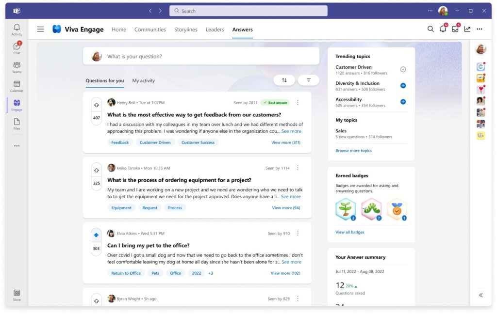 Das Bild zeigt einen Screenshot von Microsoft Teams mit der Viva Engage App und dem Answers Modul.