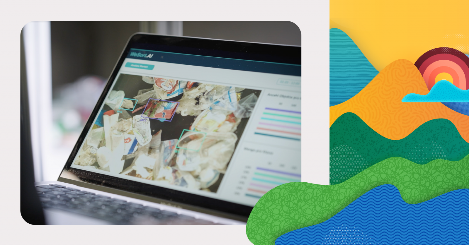 Links ist ein Laptop mit der Software von WeSort.AI zu sehen. Rechts sind Natur-Illustrationen zu sehen in grünen, blauen und gelben Farben.