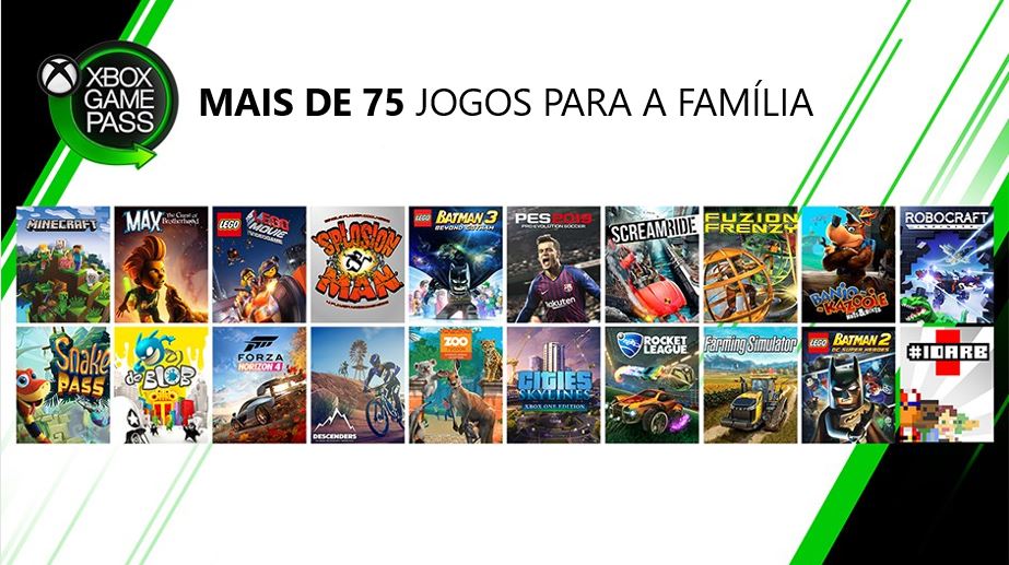 Ilustração com capasde jogos de Xbox para a família.