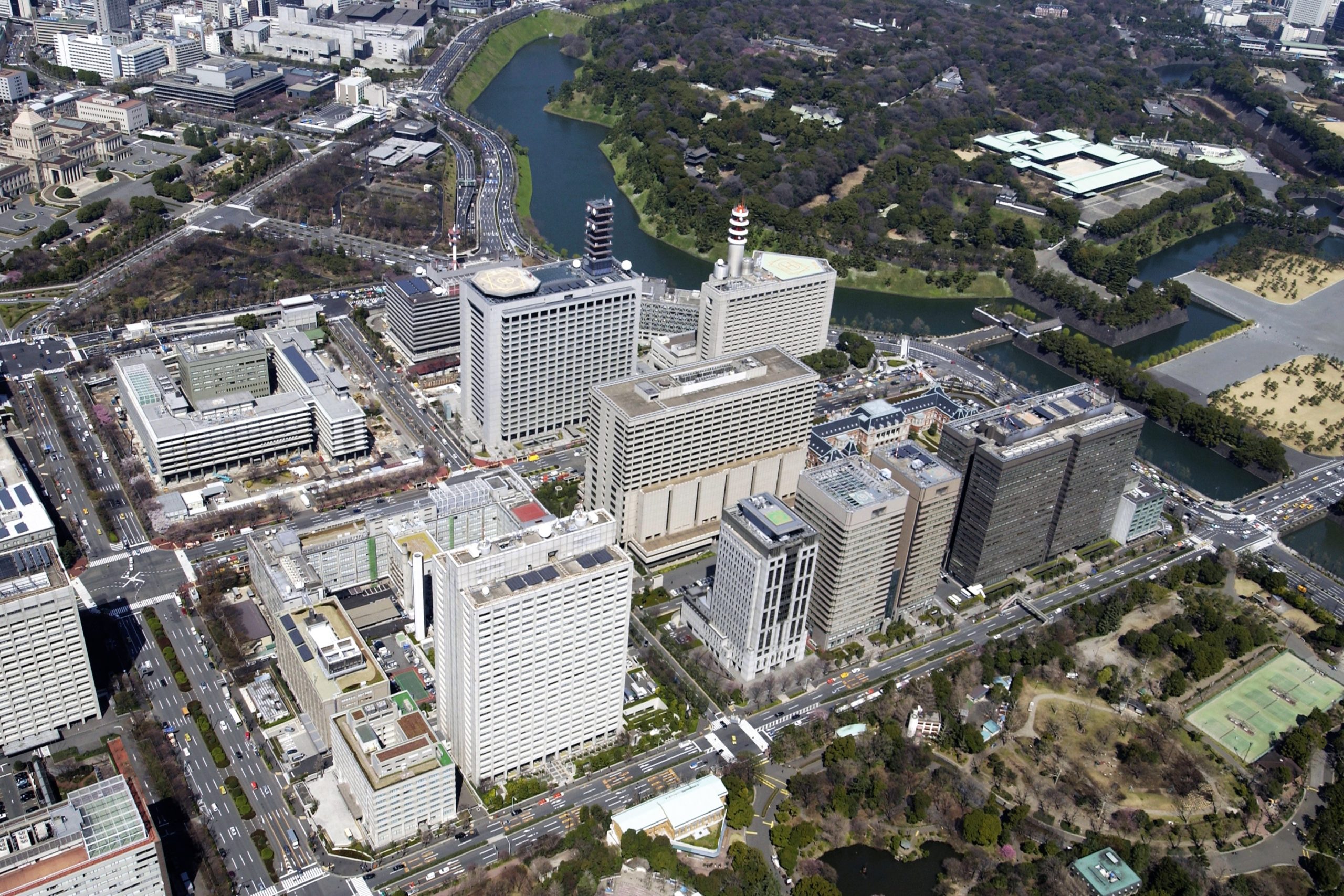 A photo pf buildings in a city taken from the air