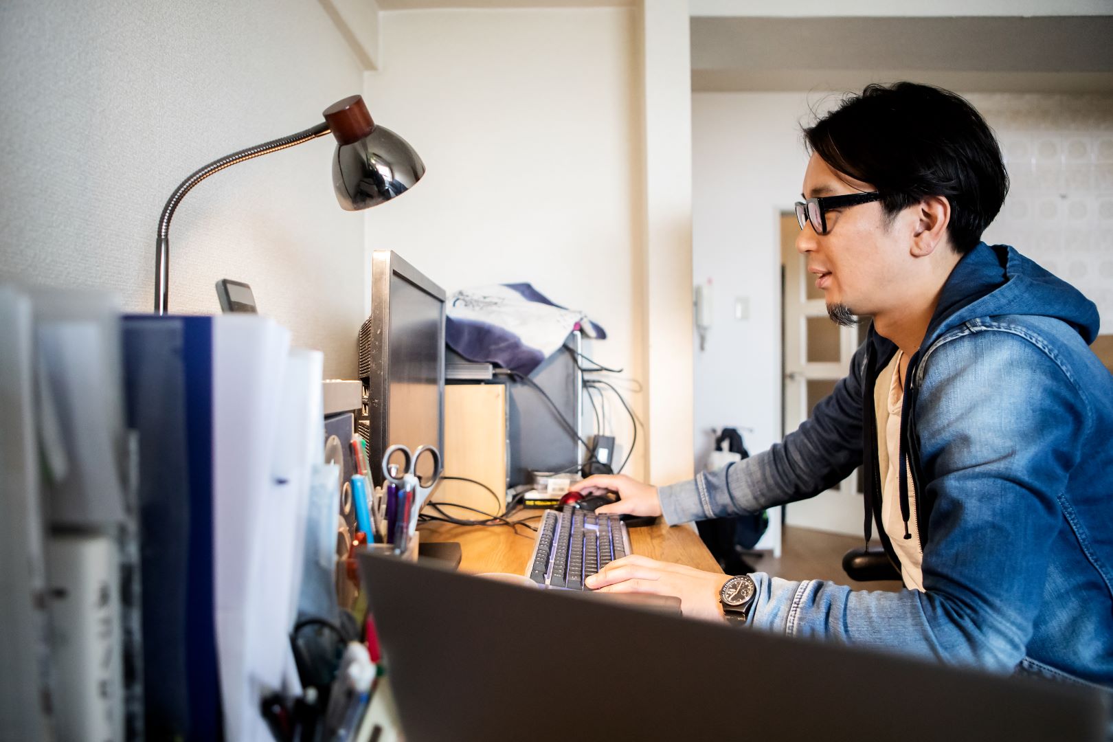 Man concentrating while working from home