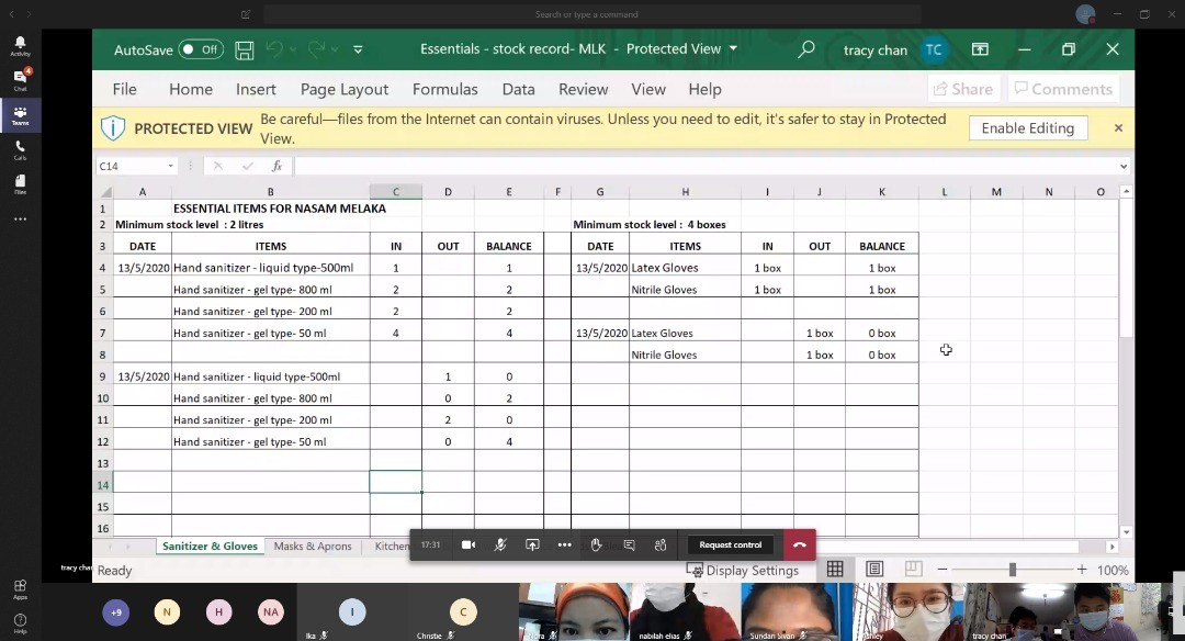 National Stroke Association of Malaysia (NASAM) using Microsoft Excel on Microsoft Teams to do stocktake