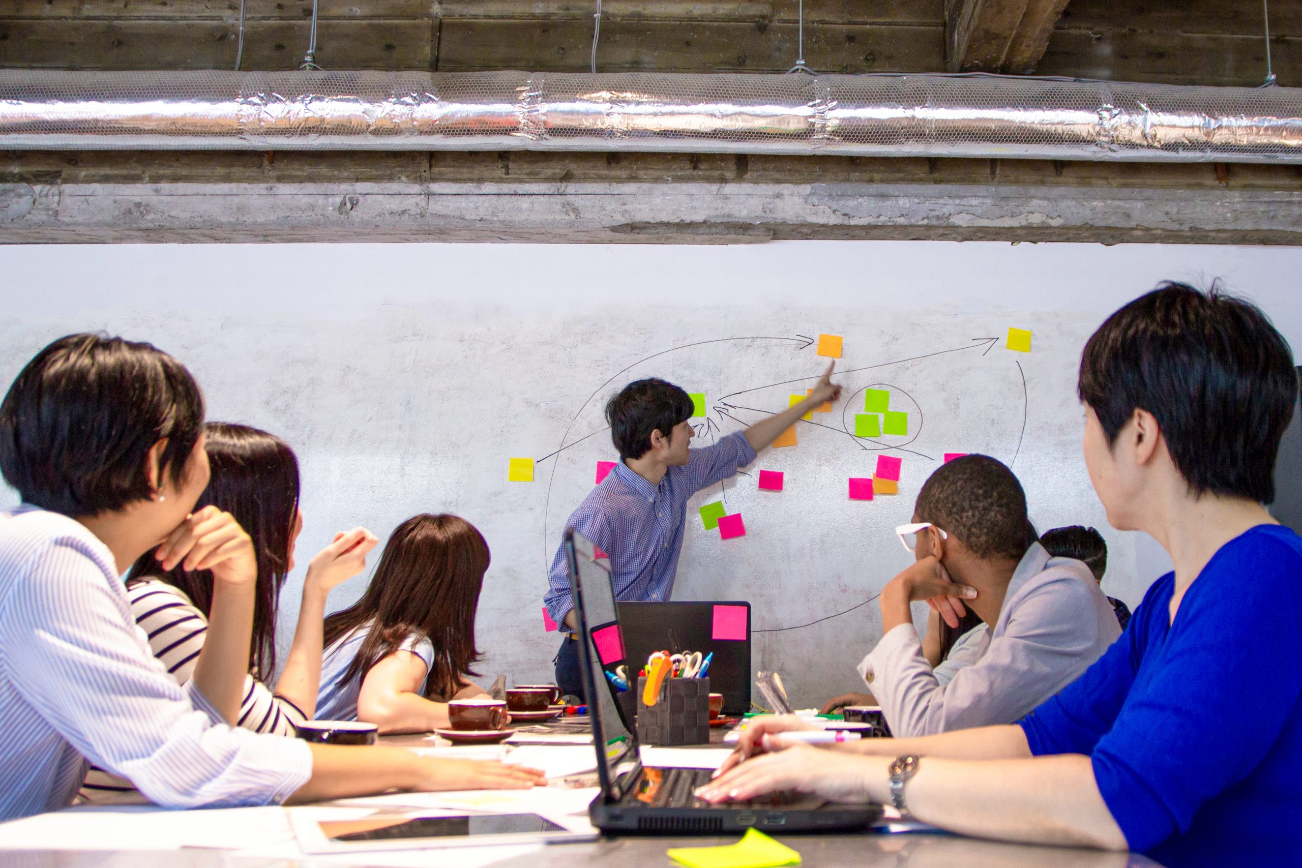 A group of people inside a conference room having a brainstorming session