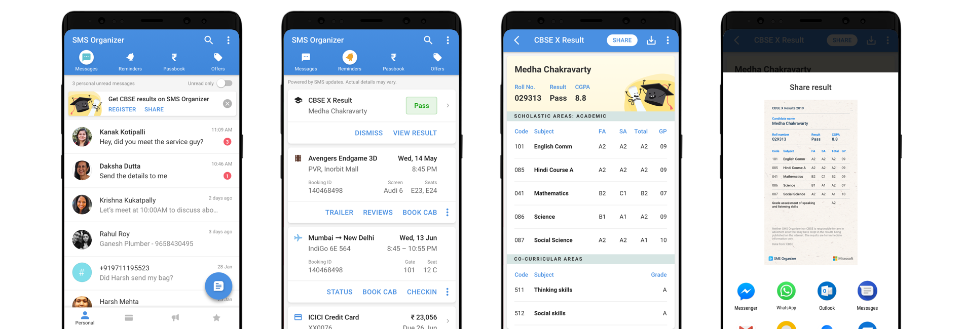 Screenshots displaying steps on how to pre-register for CBSE Class 10 and Class 12 results on SMS Organizer