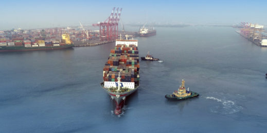 Ships with shipping containers in the middle of the sea at V. O. Chidambaranar Port