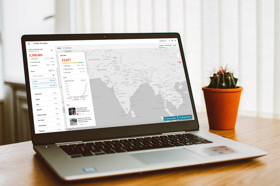 Screen displaying a Bing covid tracker in India