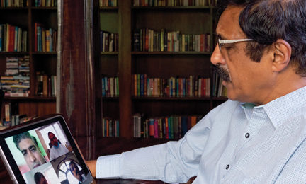 Dr BS Ajai Kumar, CEO and Chairman, HealthCare Global (HCG), using Microsoft Teams on his ipad