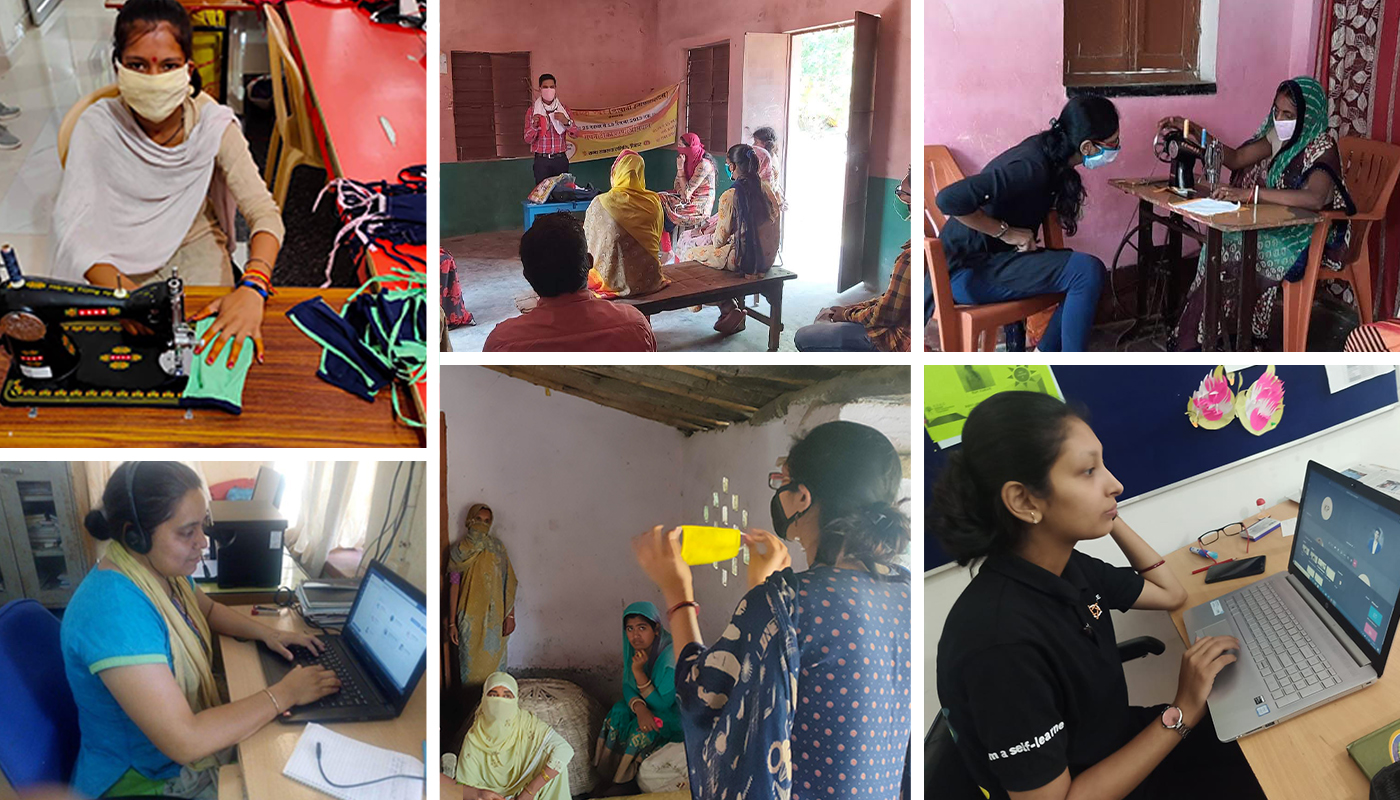 A collage depicting various training sessions in progress, for training women from rural areas about making masks. Employees from AKRSPI, a nonprofit, are conducting on the job and virtual training using laptops.