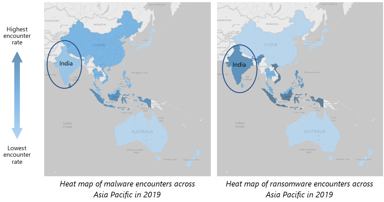 Heatmap or malware and ransomware encounters across Asia Pacific in 2019