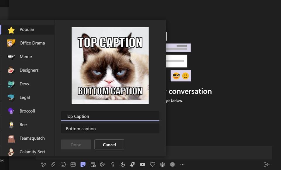 Screenshot of the built-in meme generator on Microsoft Teams