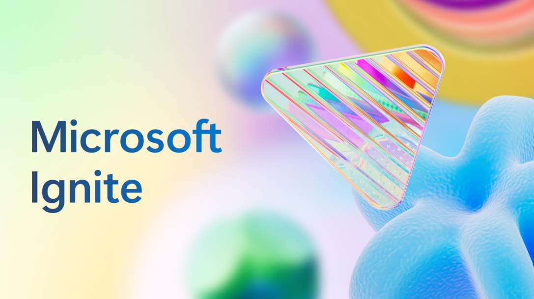 A colorful abstract illustration with "Microsoft Ignite" text