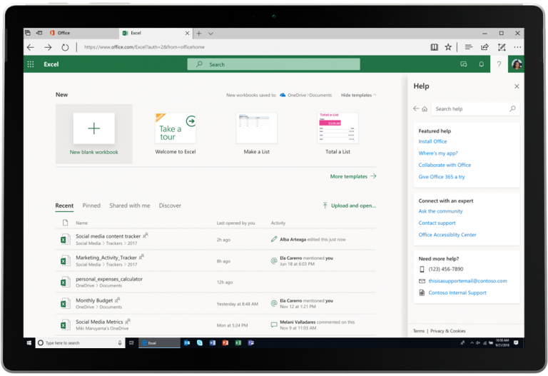 Скриншот: использованиее справки и поддержки при работе с Office.com