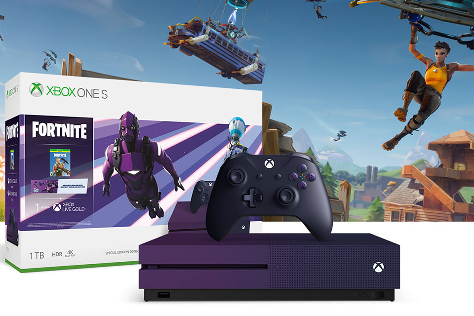 Фиолетовая консоль Xbox One S с Fortnite