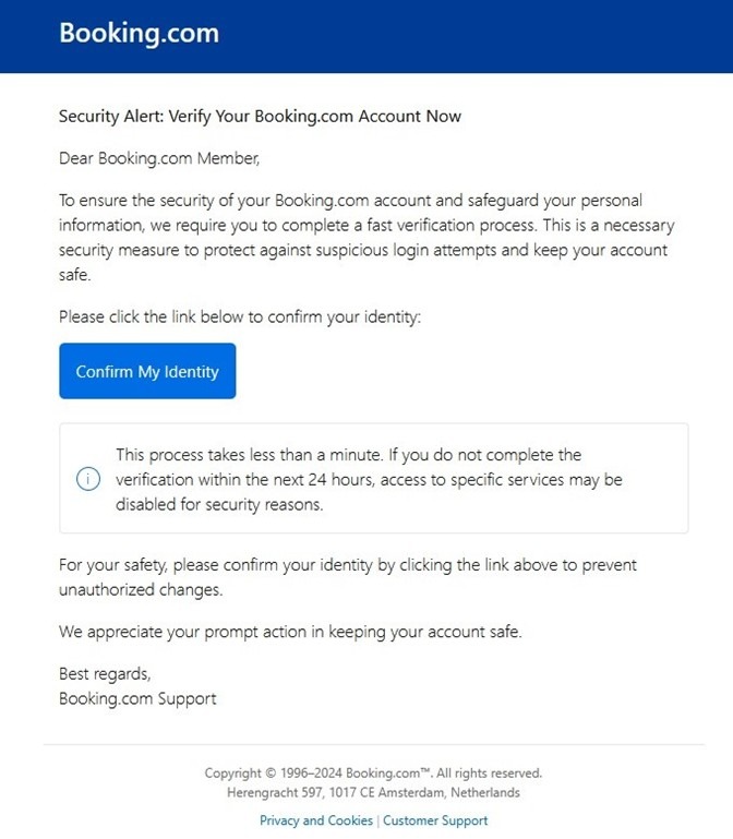 図 3. Booking.com のアカウントを確認するよう要求するフィッシング メールのサンプル