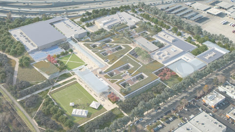 An aerial view of a Microsoft campus